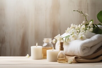 Beautiful spa treatment composition incorporating towels, candles, essential oil on light background
