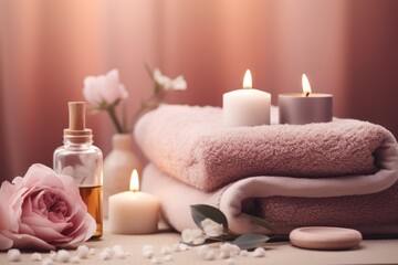 Fototapeta na wymiar Beautiful spa treatment composition with towels, candles, essential oil on pink background