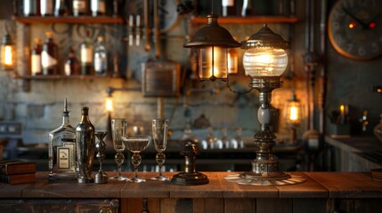 Fototapeta na wymiar Metal table and vintage lamps with liquor bar background