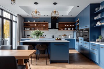 Modern U-shaped kitchen, with a sleek design, in a bold blue color.