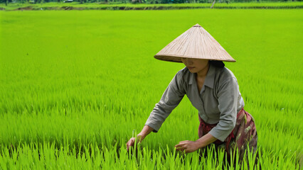 woman in a field of green grass with a straw hat