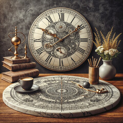Fototapeta na wymiar Empty table, Empty stone table with clock theme in background