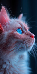 A majestic cat with striking blue eyes is captured in a profile view, its fur bathed in a soft blue light that enhances the mysterious and elegant aura of the feline