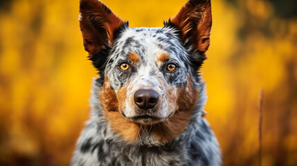 Australian cattle dog with a speckled coat and alert expression