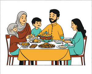 illustration of a family gathering at the dinner table, a symbol of breaking the fast. design for greeting cards, posters, banners, brochures, social media. ai generative design