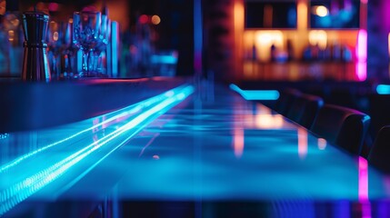 Selective focus on the table board of a restaurant nightclub modern design background in neon blue light.
