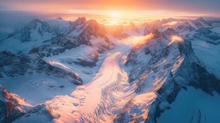 An idyllic sunrise in the Swiss Alps, featuring a beautiful aerial view of a snowy glacier.
