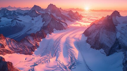 An idyllic sunrise in the Swiss Alps, featuring a beautiful aerial view of a snowy glacier. - obrazy, fototapety, plakaty