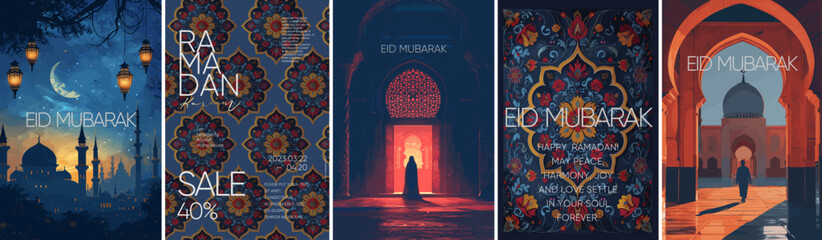 Ramadan Kareem. Eid Mubarak. Vector Muslim Islamic illustration of night city with mosque, crescent and lanterns, traditional carpet pattern, Arabic gate
and Muslim for greeting card, poster  - 733064590