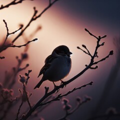 Single sparrow sits on branch in early morning light
