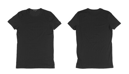 Black t-shirt mockup on a white background, front and back design. Fashion mockup
