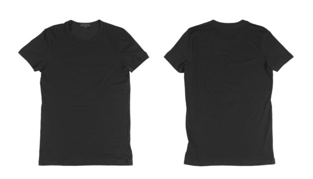 Black t-shirt mockup on a white background, front and back design. Fashion mockup