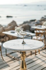 Fototapeta na wymiar White marble table for mockup, blurred wedding background