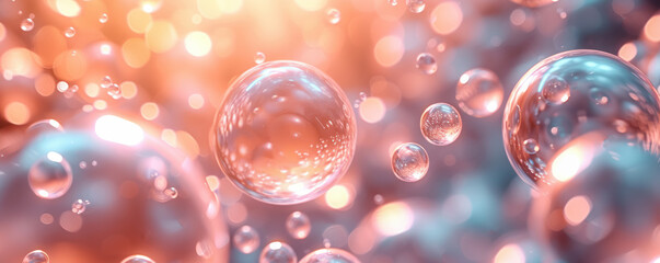 Transparent water bubbles floating gracefully, reflecting the sunlight in a serene, aquatic environment
