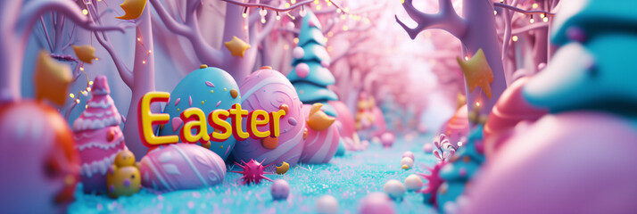3d cute Easter Graffiti on the wall side close up banner, Candy land snow Easter eggs flying in air, beautiful candy land sweets fairy tale background