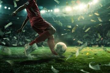 Obraz na płótnie Canvas Soccer player with a falling banknotes as soccer bet. Generative AI