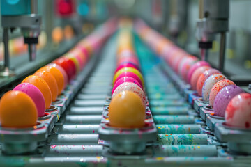 A manufacturing line drips vibrant paint onto Easter eggs, creating a spectrum from yellow to pink. The automation process merges efficiency with the joyous spirit of Easter egg decoration.