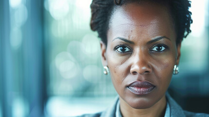 A close-up of a lady boss with a focused expression, showcasing determination and resilience in the business world - obrazy, fototapety, plakaty