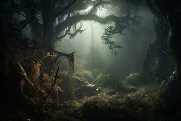 A captivating view of a foggy, mystical forest at night, filled with fairies and mythical creatures. Generative AI