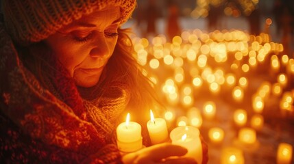 Festival Photography, people lighting candles during Imbolc celebration, Close-Up Shot, Spiritual Reawakening, Soft Candlelight, Warm Tones Amidst Winter's End