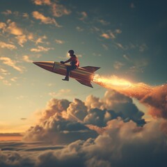 Businessman fly high with a rocket. concept of success and startup. Generative AI - 733065758