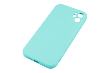 Mobile phone case isolated on white background. Smart phone case isolated. Blue silicone case for...