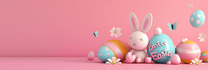 Easter 3D banner, bunny sit beside Easter egg box against minimal backdrop background Easter banner with easter eggs,3D illusion, digita manipulation, creative commons attribute, multicolor, poet core - obrazy, fototapety, plakaty