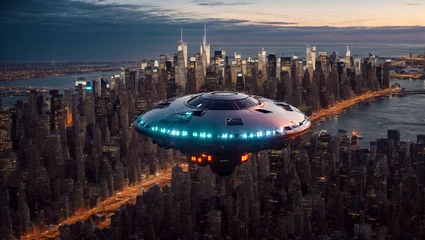 Papier Peint photo UFO Huge UAP, UFO Hovering Over New York City, created with Generative AI technology