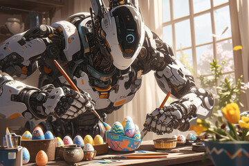 A mechanical giant with a white, futuristic armor skillfully paints an Easter egg. The scene blends cutting-edge robotics with the delicate art of holiday egg decoration in a serene setting.