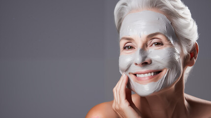 Mature woman tending to her skin with a facial cream mask as part of her skincare regimen. Self care, Vitality and confidence for nourishes and rejuvenates her complexion - obrazy, fototapety, plakaty