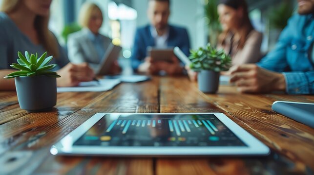 Actual Team Engagement: Business Professionals Gathering for Social Media and Startup Project Planning, Utilizing Tablets for Data Analysis