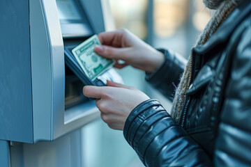 Obraz premium An individual withdrawing cash from an ATM
