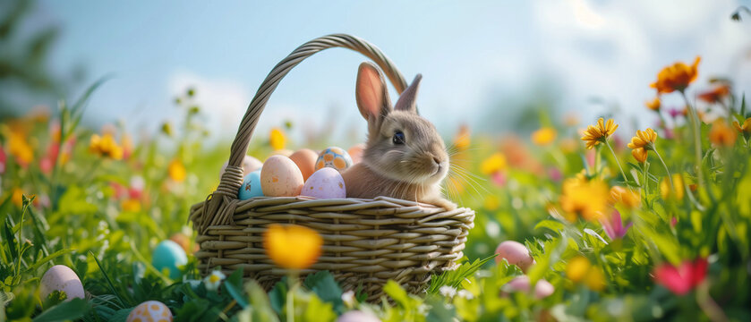 Happy easter cute bunny in the basket in the flower garden and colorful easter eggs all over the place against the clear blue sky