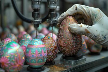 A gloved hand intricately decorates a large Easter egg among others in a workshop, showcasing rich bronze and pink patterns on a warm background.