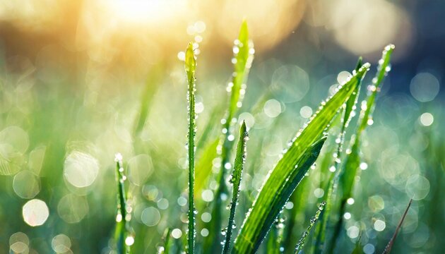 green grass with morning dew at sunrise macro image shallow depth of field beautiful summer nature background