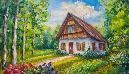 Fototapeta na wymiar oil painting house in the summer forest