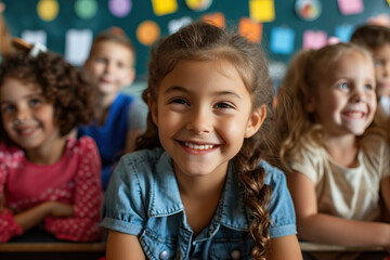 Happy children in a classroom at the school. Generative AI - 733067535