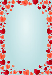 A frame of hearts. Blue background red hearts. Love and valentine's day. Wedding invitation. 
