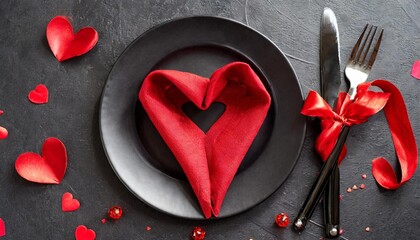 heart made from red napkin on black plates with black cutlery on black table top view on valentine s day table setting