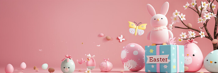 Easter 3D banner,bunny stand on Easter gift box against minimal backdrop background Easter banner with easter eggs,3D illusion,digital manipulation,creative commons attribute, multi color, poet core