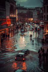 The streets of the great city, pouring with heavy rain