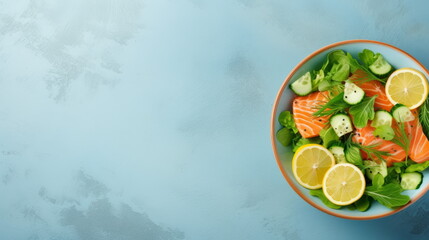 Succulent Salmon Slices on a Bed of Fresh Greens and Vegetables - obrazy, fototapety, plakaty