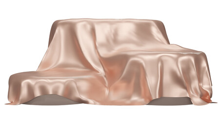Podium covered with a piece of nude silk isolated on  background. Realistic box covered with beige cloth. Podium for product, cosmetic presentation. Creative mock up. 3d png illustration.