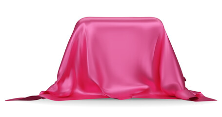 Podium covered with a piece of pink silk isolated on  background. Realistic box covered with pink cloth. Podium for product, cosmetic presentation. Creative mock up. 3d png illustration.