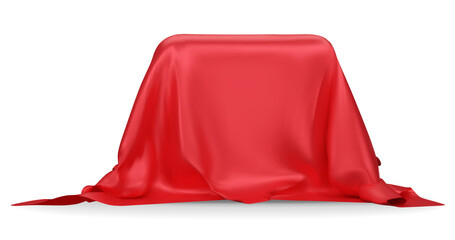 Podium covered with a piece of red silk isolated on  background. Realistic box covered with red cloth. Podium for product, cosmetic presentation. Creative mock up. 3d png illustration.