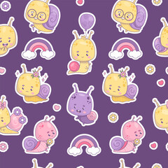 Seamless pattern with funny cute snail characters stickers on purple background. Kawaii insects with balloon, flowers and rainbows. Vector illustration .