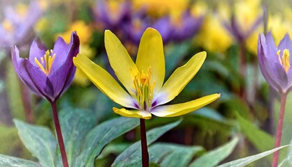 yellow bright flower of a erythronium on a water color background of the flowers and leaves