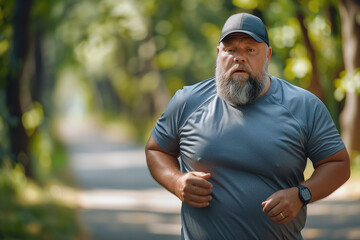 Naklejka na ściany i meble Extremely overweight fat man jogging in the park. In summer. clear sun light. direct sun light.