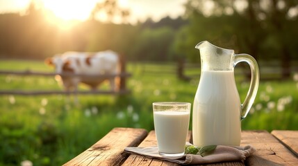 A banner with a glass jug and a glass of milk on a wooden table against the background of a summer field and a cow. Milk template background.