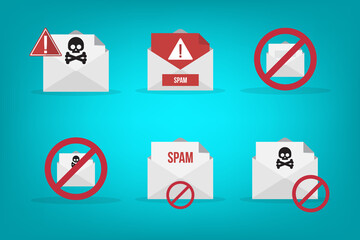 Spamming mailbox icon set. Email hacking and spam warning symbol.